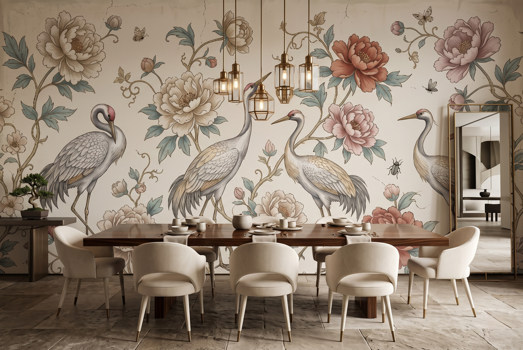 Vintage Chinoiserie crane and peony mural in an elegant grandmillennial dining room