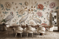 Vintage Chinoiserie crane and peony mural in an elegant grandmillennial dining room