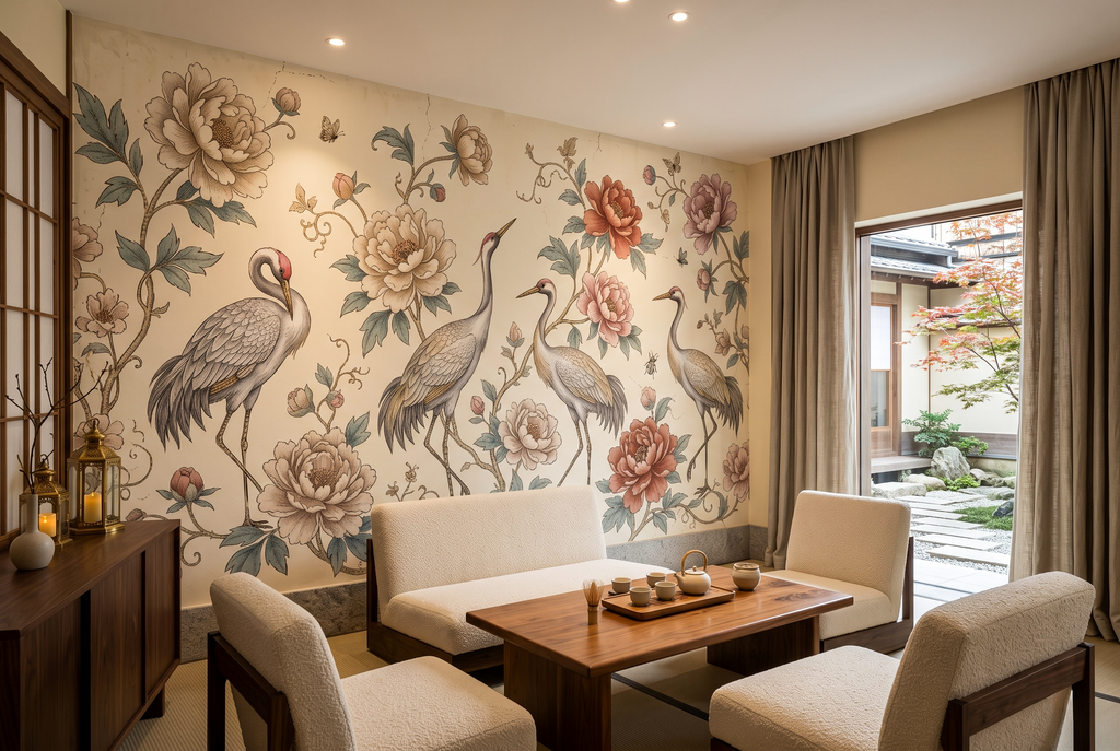 Antique parchment and crane wall mural transforming a welcoming home entryway