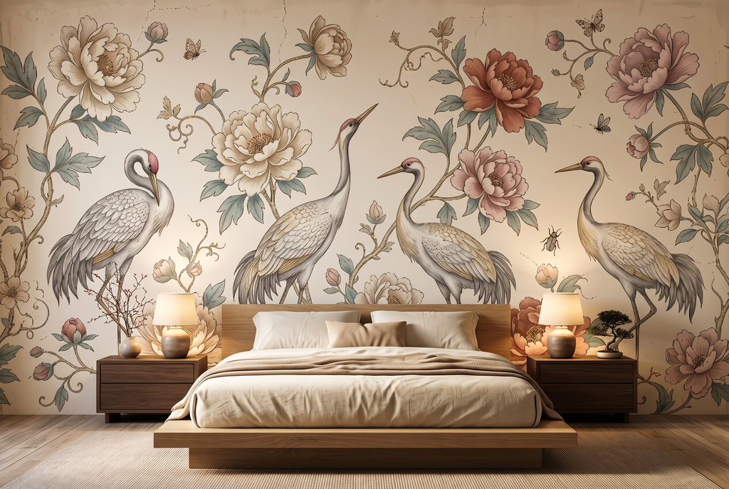 Soft pastel floral and bird peel and stick wallpaper mural behind a classic bed