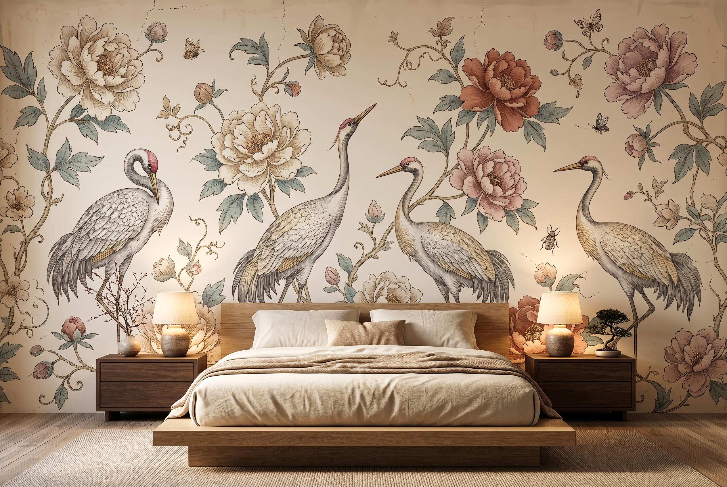 Soft pastel floral and bird peel and stick wallpaper mural behind a classic bed