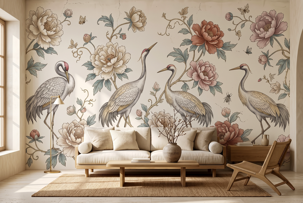 High resolution detail of cracked vintage texture and painted peony flowers on wall mural
