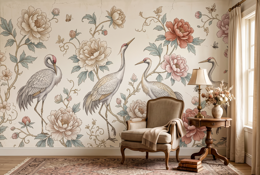 Vintage Chinoiserie Crane & Peony Wall Mural Elegant Grandmillennial Wallpaper