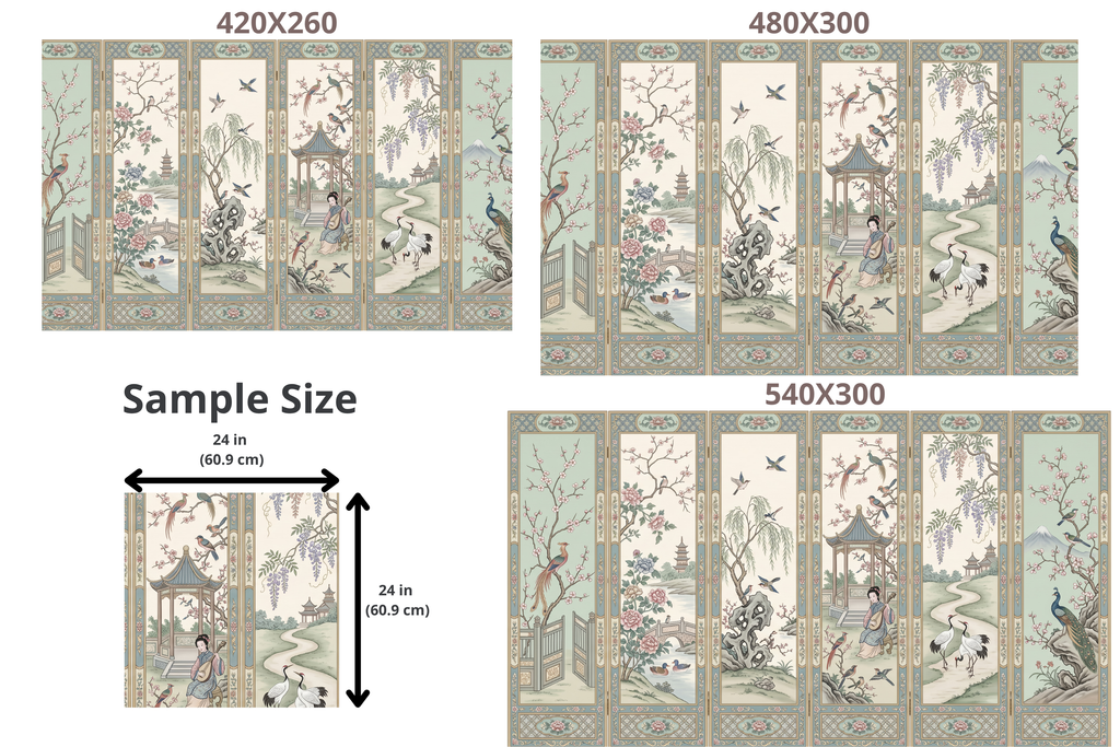 Vintage Chinoiserie Folding Screen Wall Mural Oriental Pastel Landscape Wallpaper
