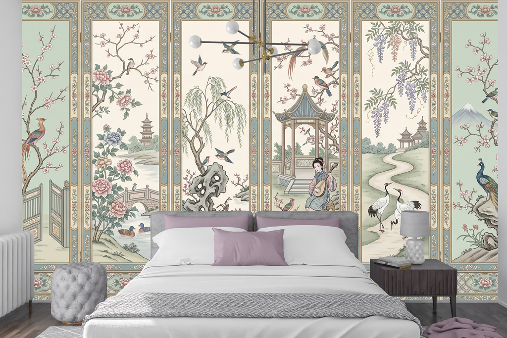 Multi-panel oriental landscape peel and stick wallpaper mural behind a classic bed