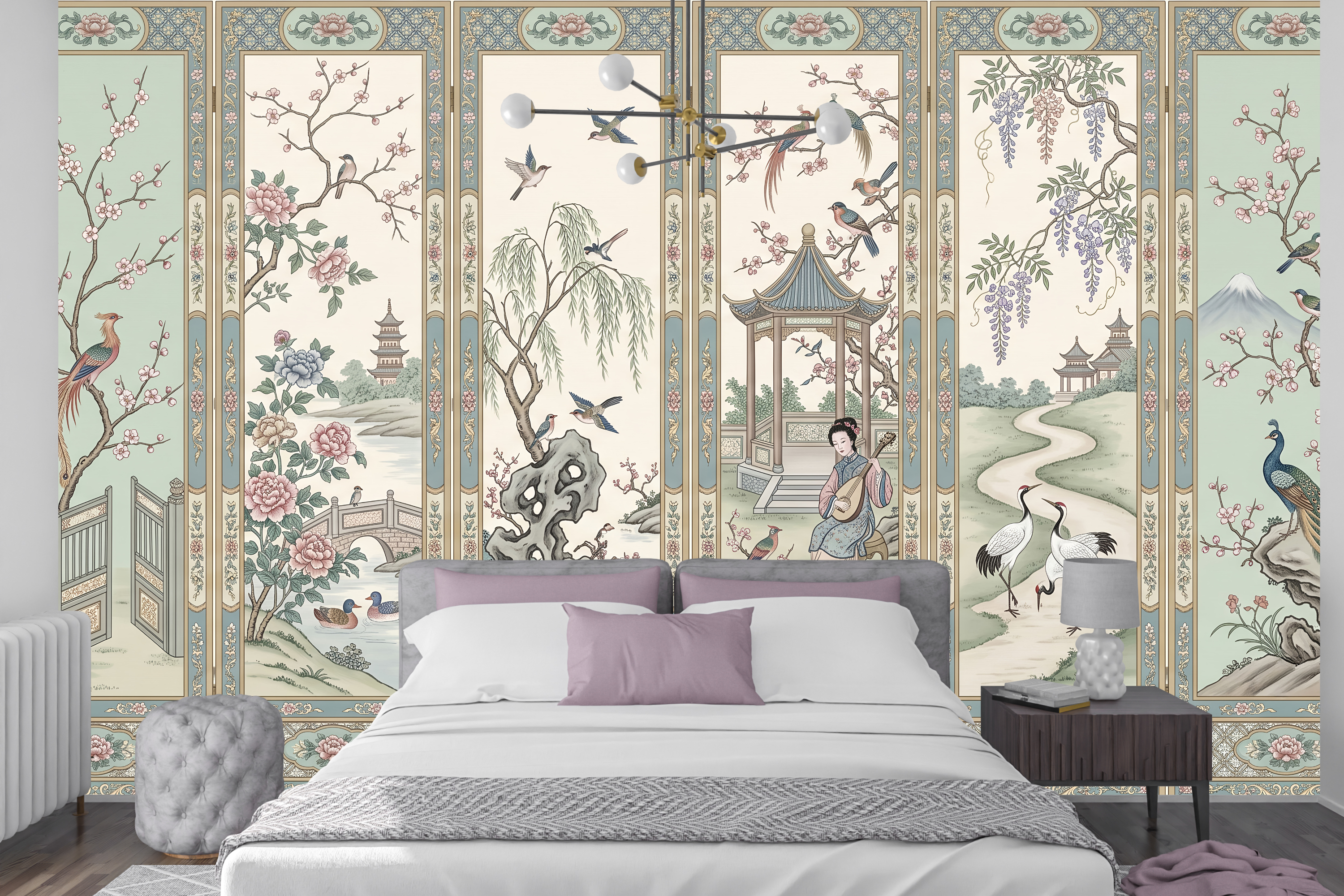 Multi-panel oriental landscape peel and stick wallpaper mural behind a classic bed