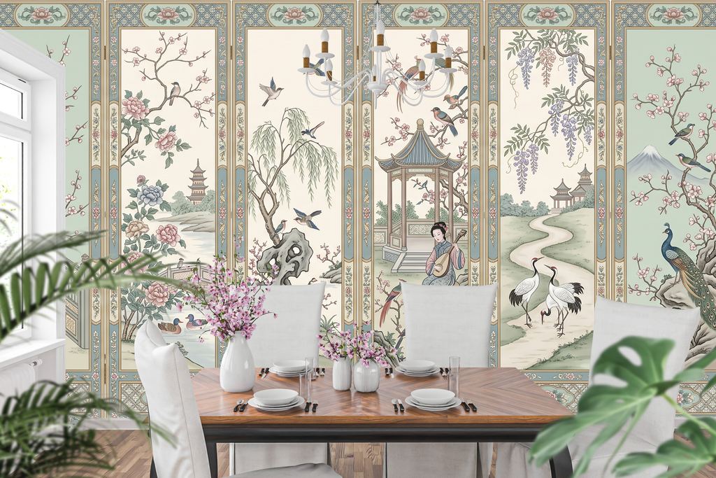 Vintage Chinoiserie folding screen mural in an elegant traditional dining room