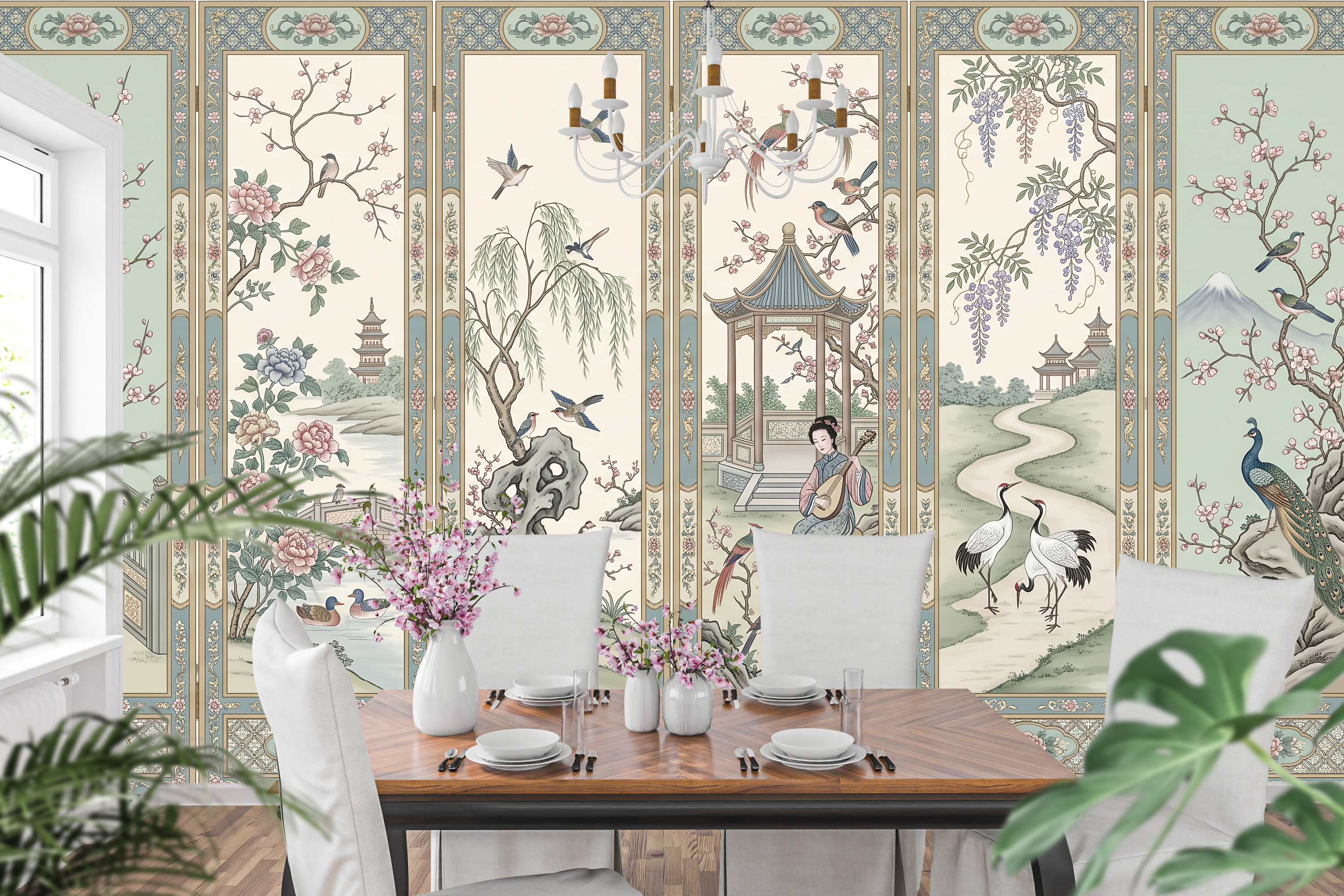 Vintage Chinoiserie folding screen mural in an elegant traditional dining room