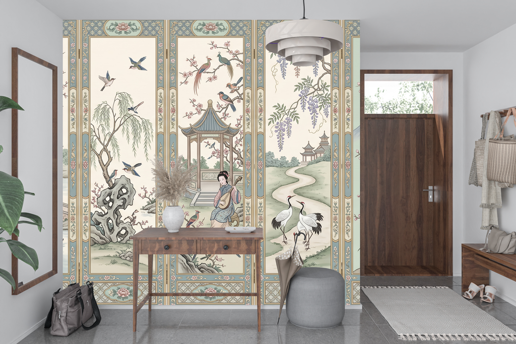 Grandmillennial cherry blossom and crane wall mural transforming a luxury home office