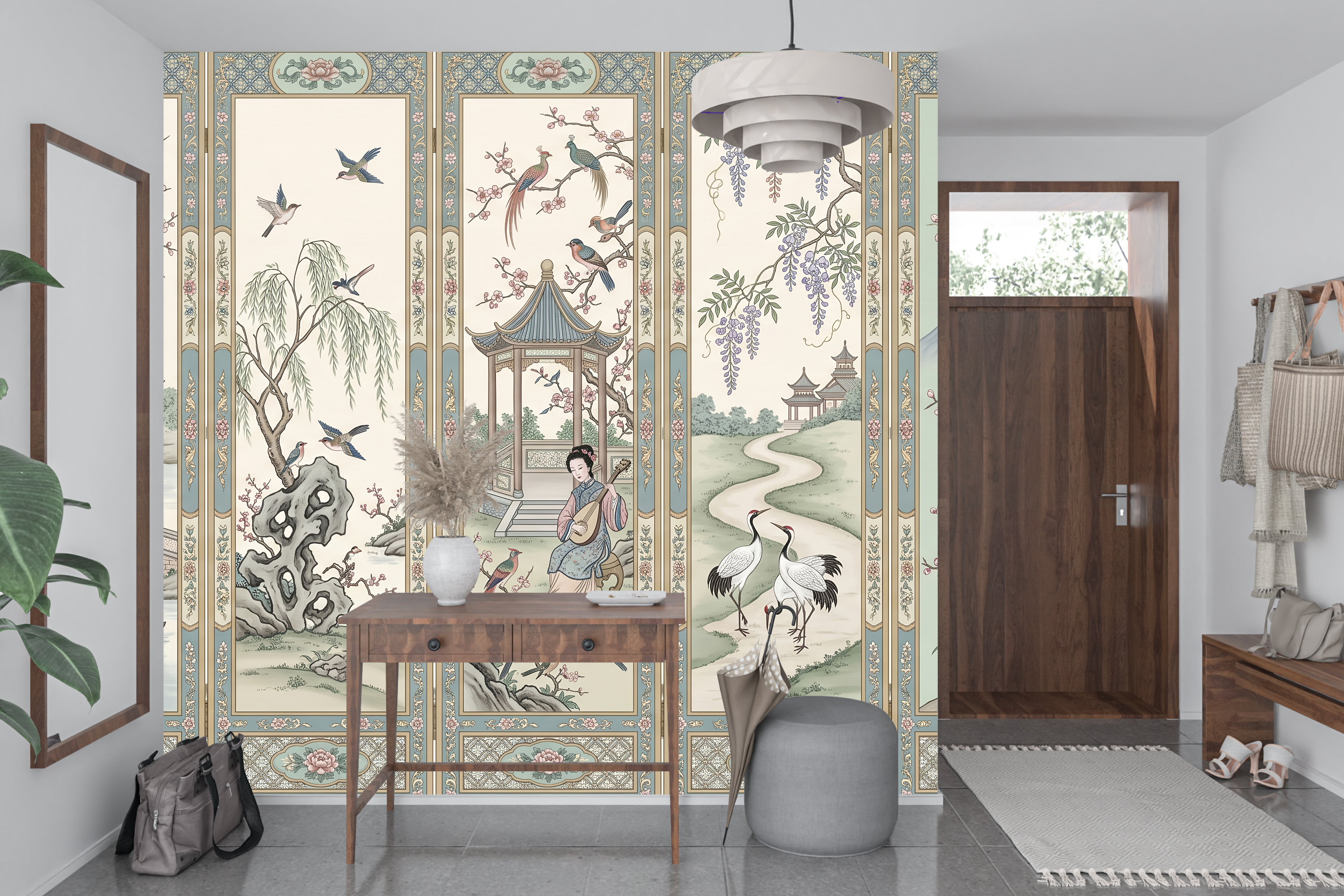 Grandmillennial cherry blossom and crane wall mural transforming a luxury home office