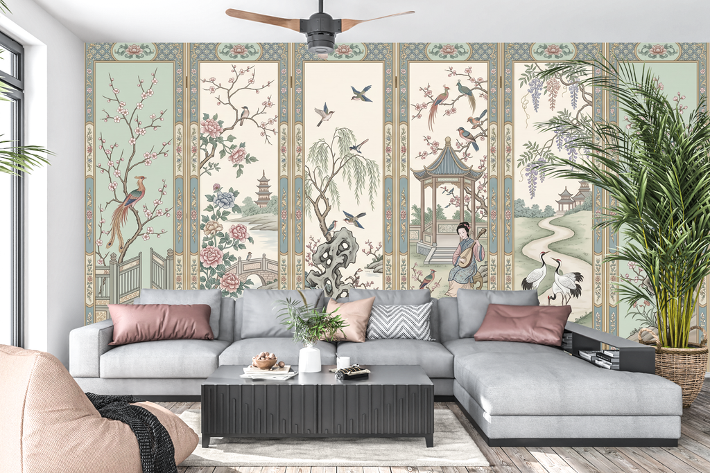 Trompe l'oeil Asian room divider wall art creating a sophisticated living room accent