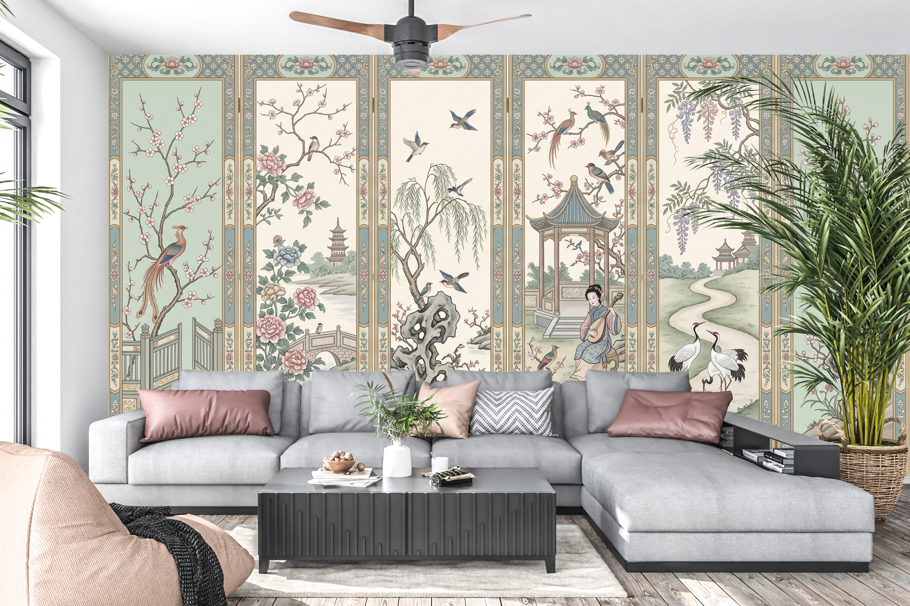 Trompe l'oeil Asian room divider wall art creating a sophisticated living room accent