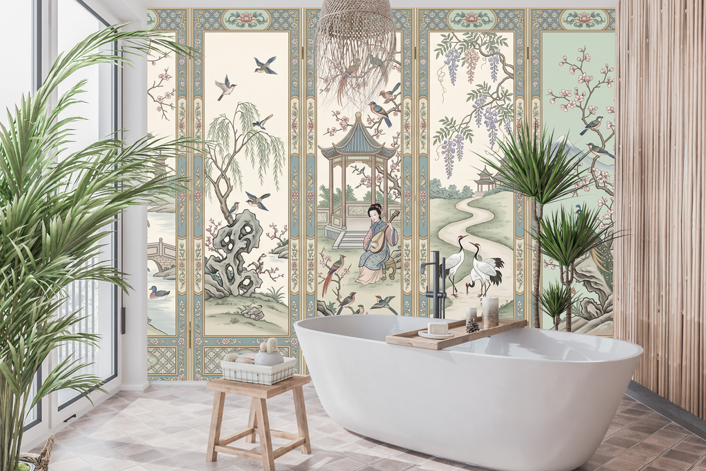 Waterproof vinyl pastel peacock and pagoda wallpaper applied in a chic powder room