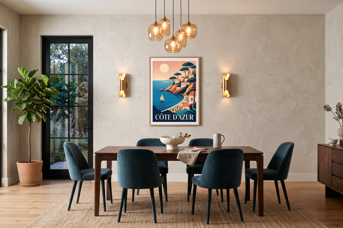 Vintage Côte d'Azur travel poster canvas print styling a bright coastal inspired living room
