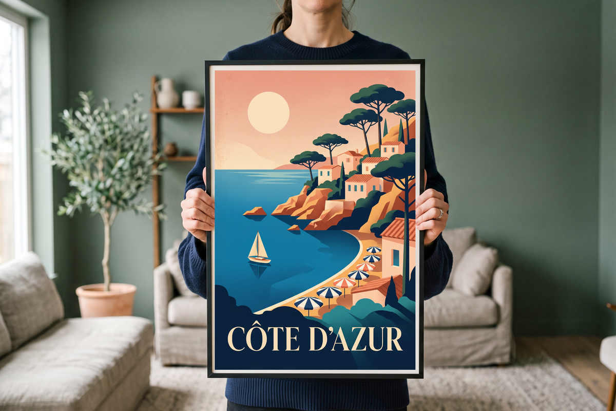 Detail view showing the classic typography, retro sailboat, and flat vector graphic style of the French travel poster