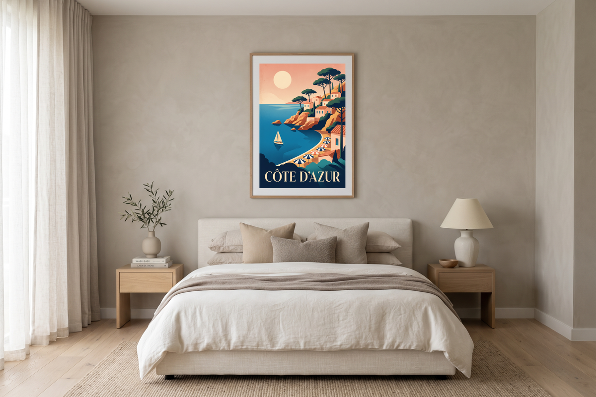 Mediterranean sunset and striped beach umbrella art adding warmth to a serene bedroom
