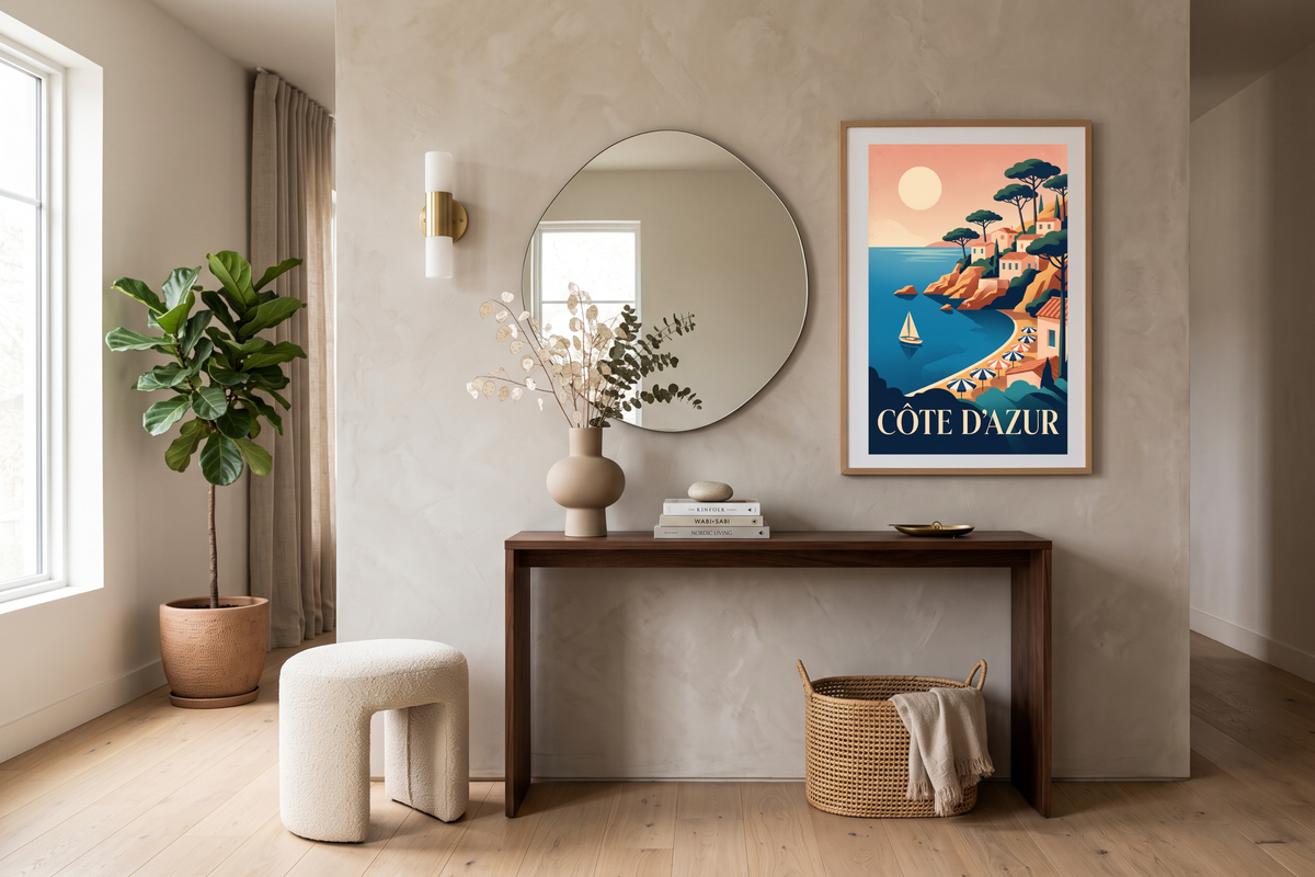 Classic azure sea and coastal villa artwork welcoming guests in a chic entryway