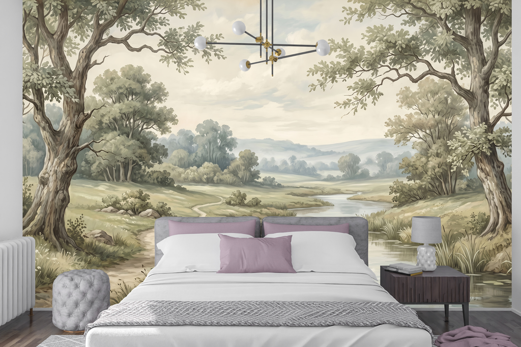 Pastoral nature landscape peel and stick wallpaper behind a cozy vintage bed