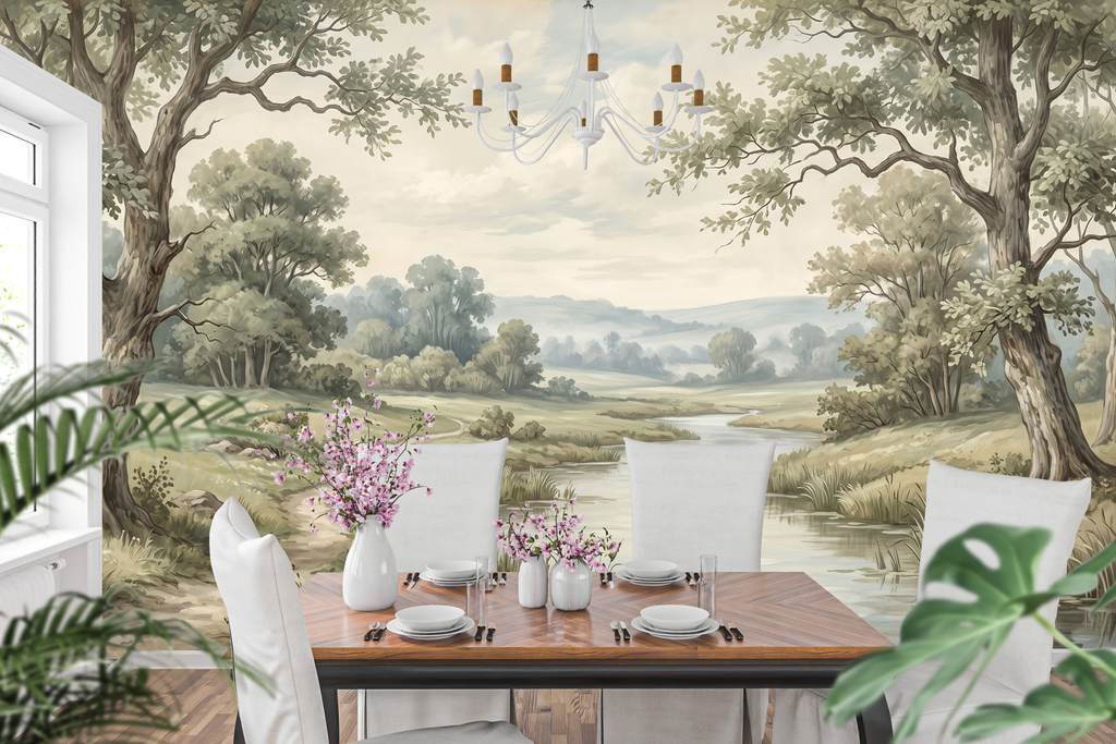 Serene river and winding path wall mural creating a bright airy dining room accent