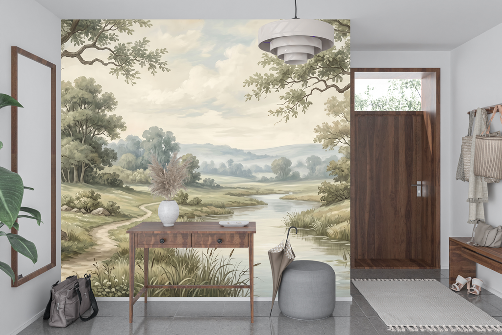 Majestic oak tree and rolling hills nature wall mural transforming a traditional home office