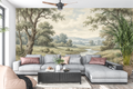 Vintage countryside mural tree scenic wallpaper in a classic elegant living room