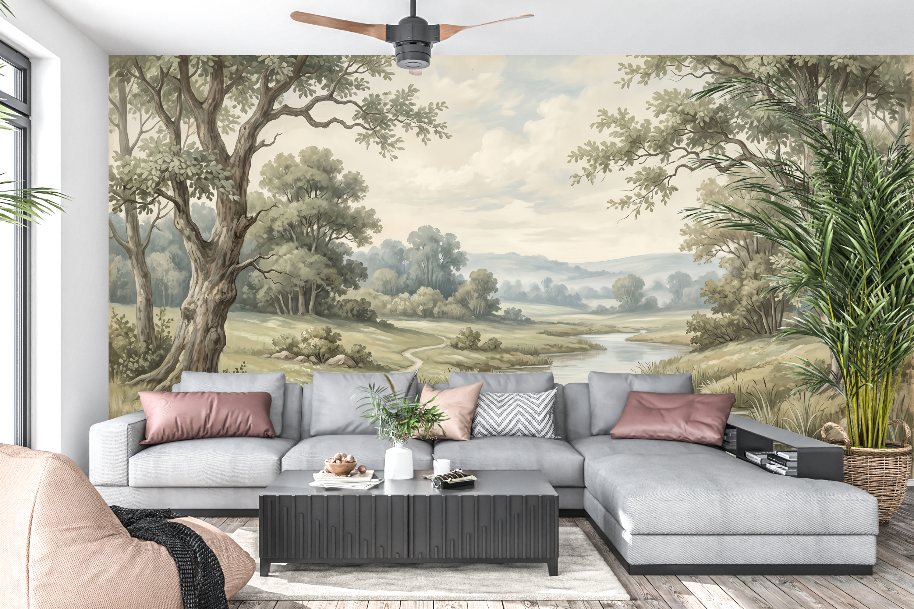 Vintage countryside mural tree scenic wallpaper in a classic elegant living room