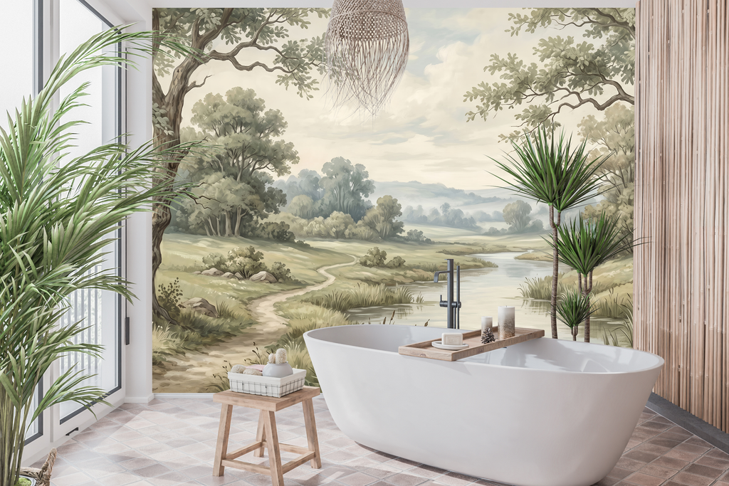 Waterproof vinyl classic painted landscape wallpaper applied in a rustic bathroom