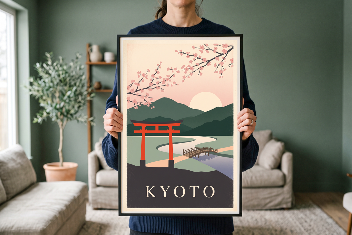 Detail view showing the classic typography, pink sakura, and retro flat vector graphic style of the Kyoto poster