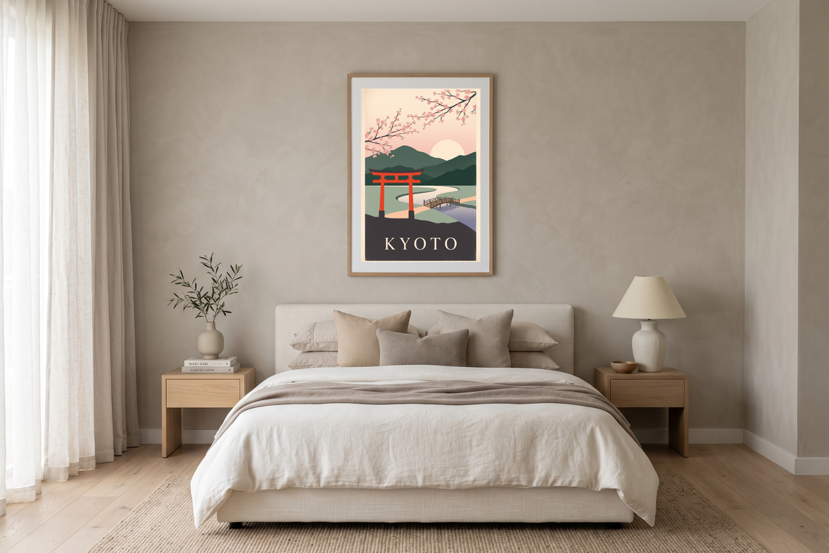Peaceful cherry blossom and Torii gate art adding warmth to a tranquil bedroom