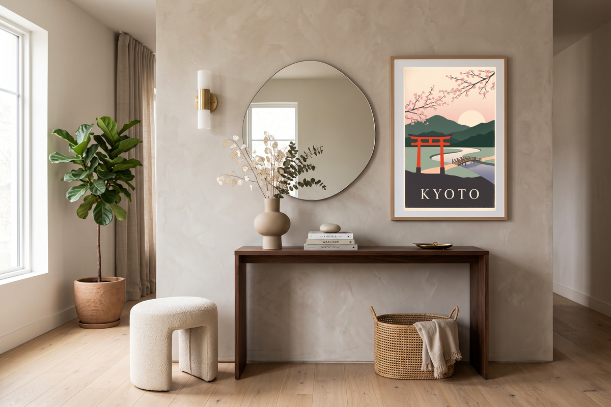 Classic Japanese scenery artwork welcoming guests in a chic minimalist entryway