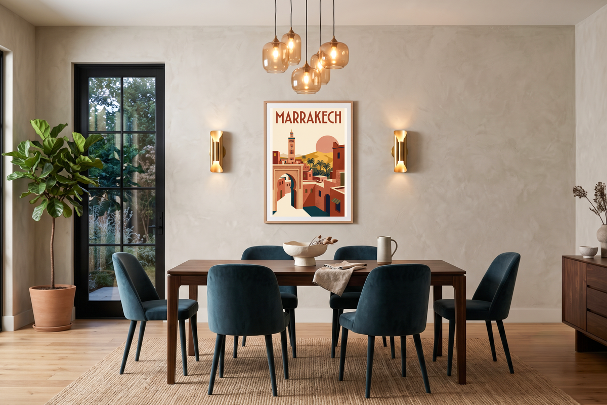 Warm desert landscape and palm tree artwork creating an exotic atmosphere in an eclectic dining space