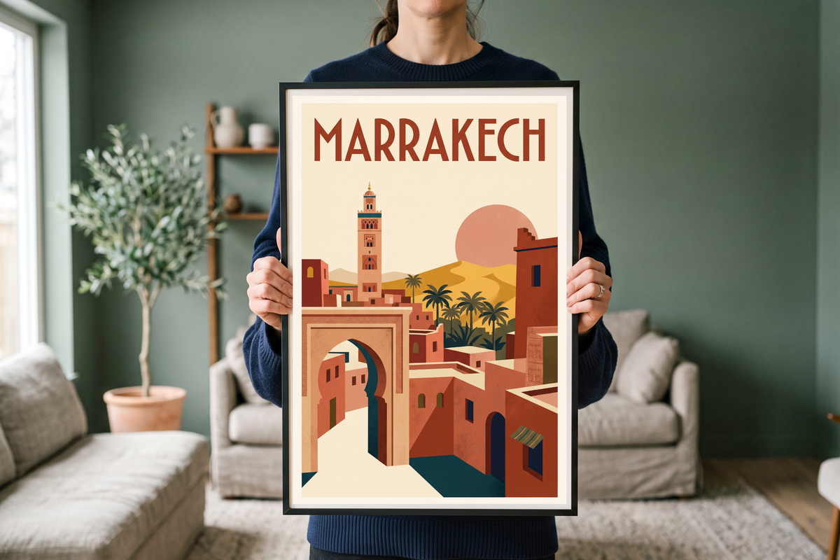 Detail view showing the bold retro typography, intricate archway, and flat vector graphic style