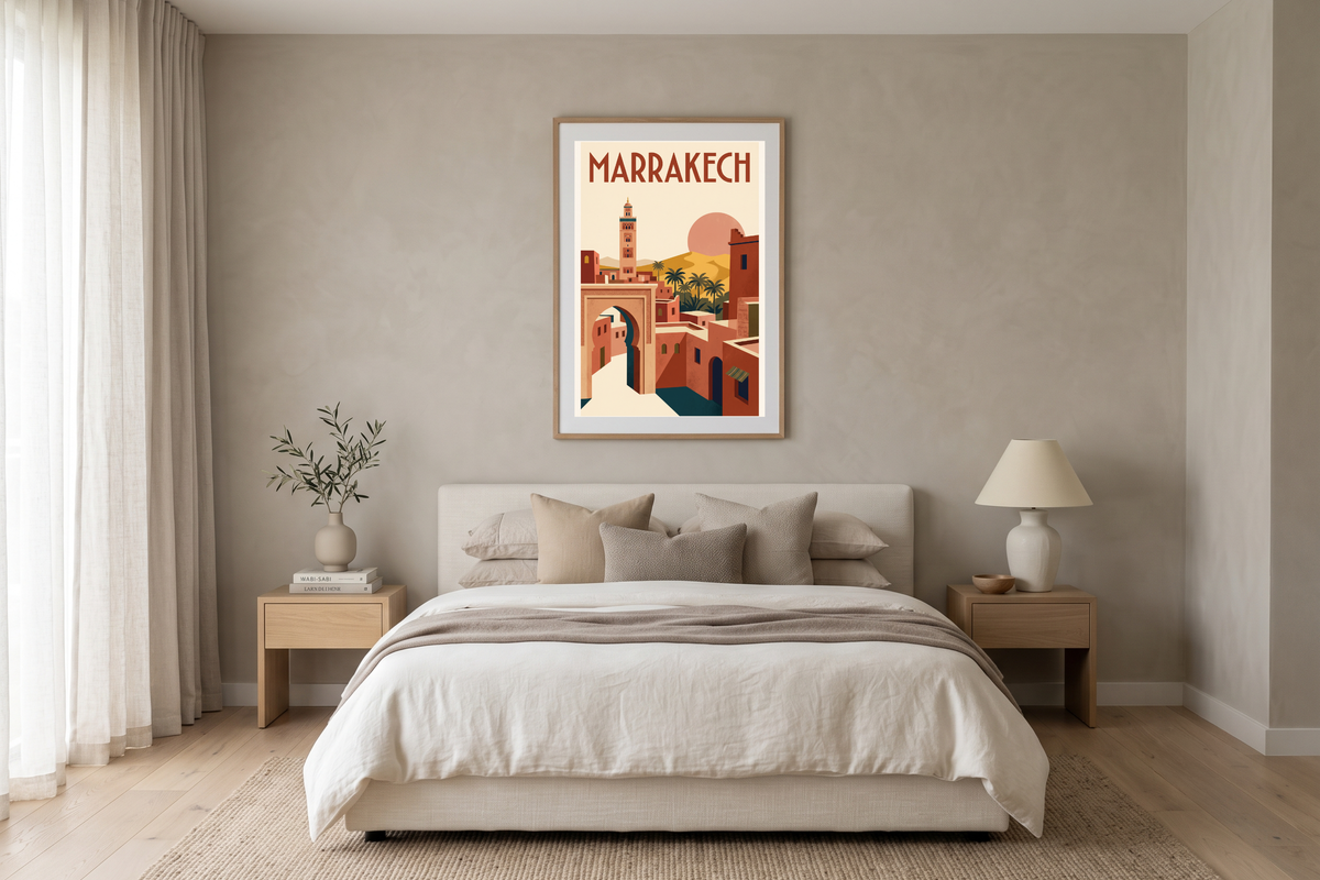 Retro Moroccan desert and terracotta architecture wall decor adding warmth to an earthy bedroom