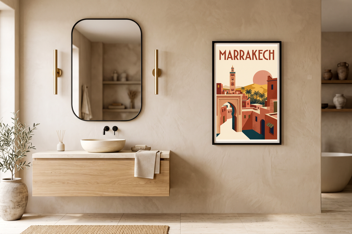 Classic Marrakech travel art inspiring wanderlust above a rustic wooden desk
