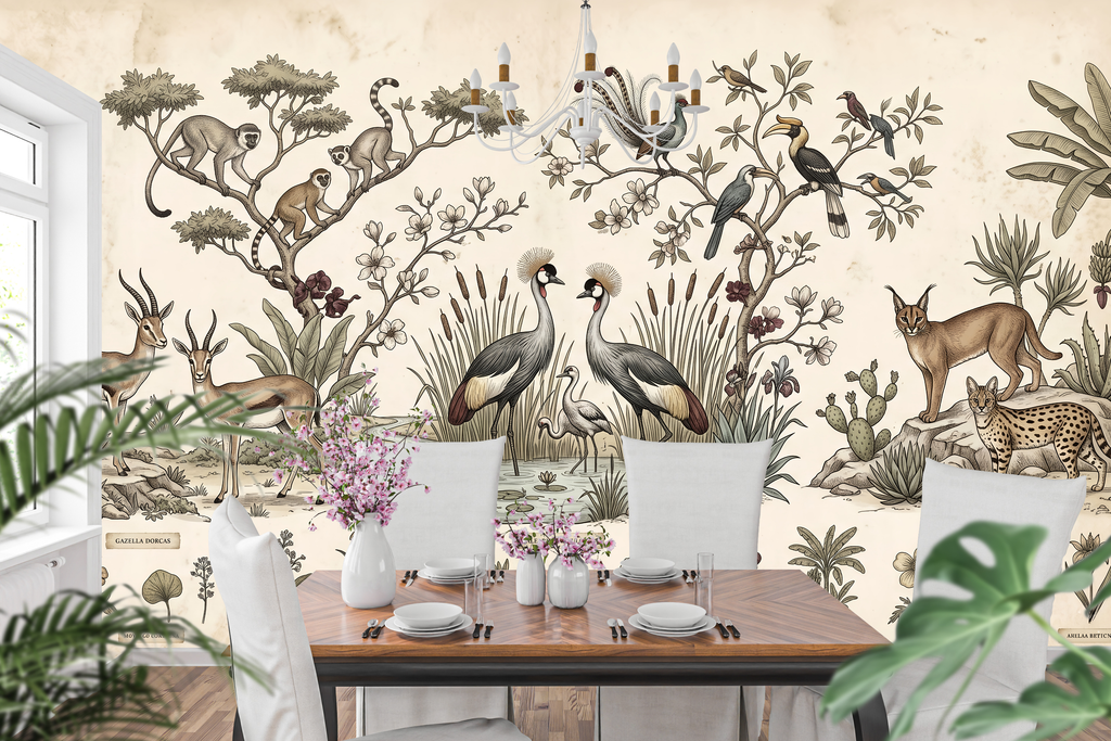 Antique botanical and exotic animal peel and stick wall mural behind a leather sofa