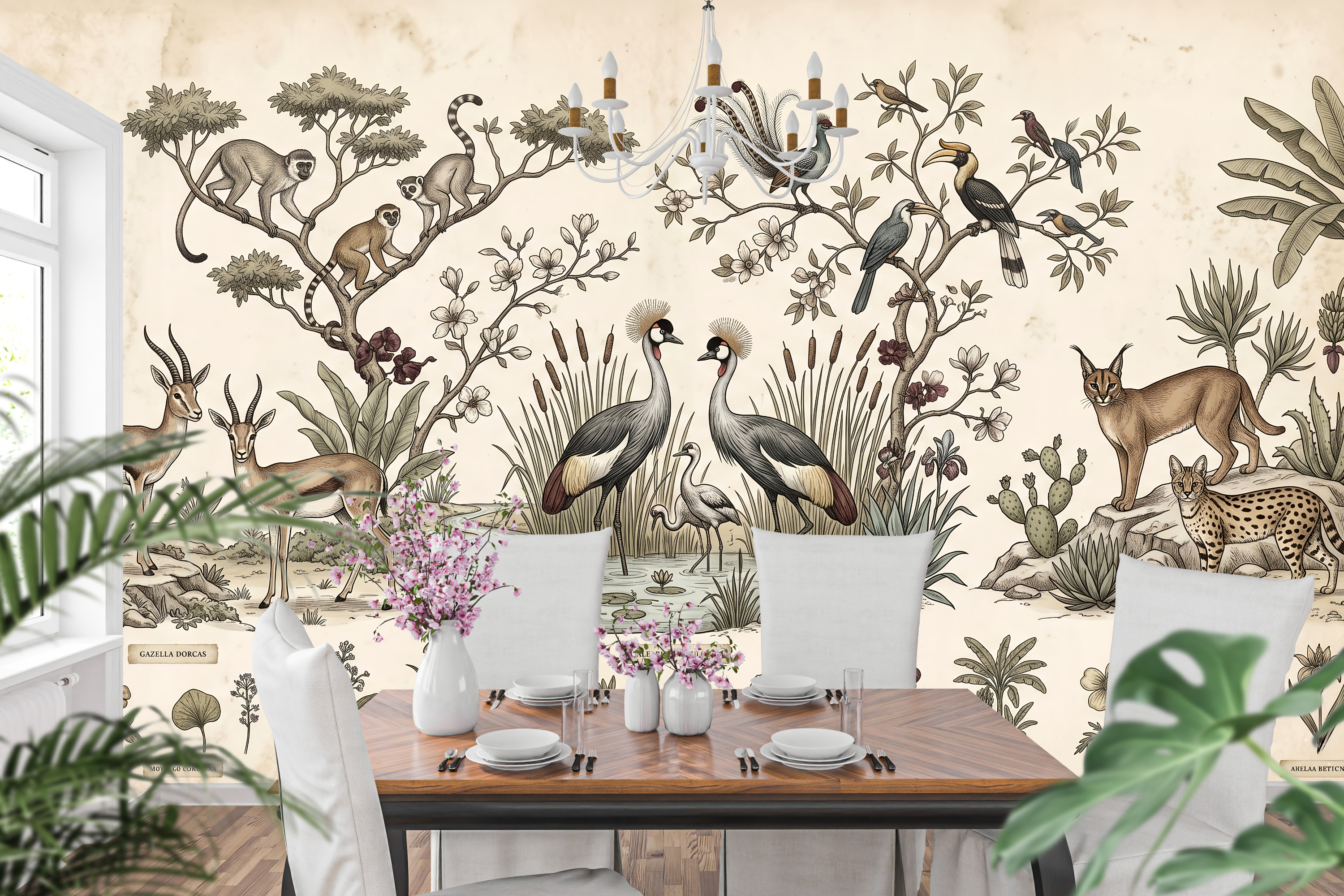 Antique botanical and exotic animal peel and stick wall mural behind a leather sofa