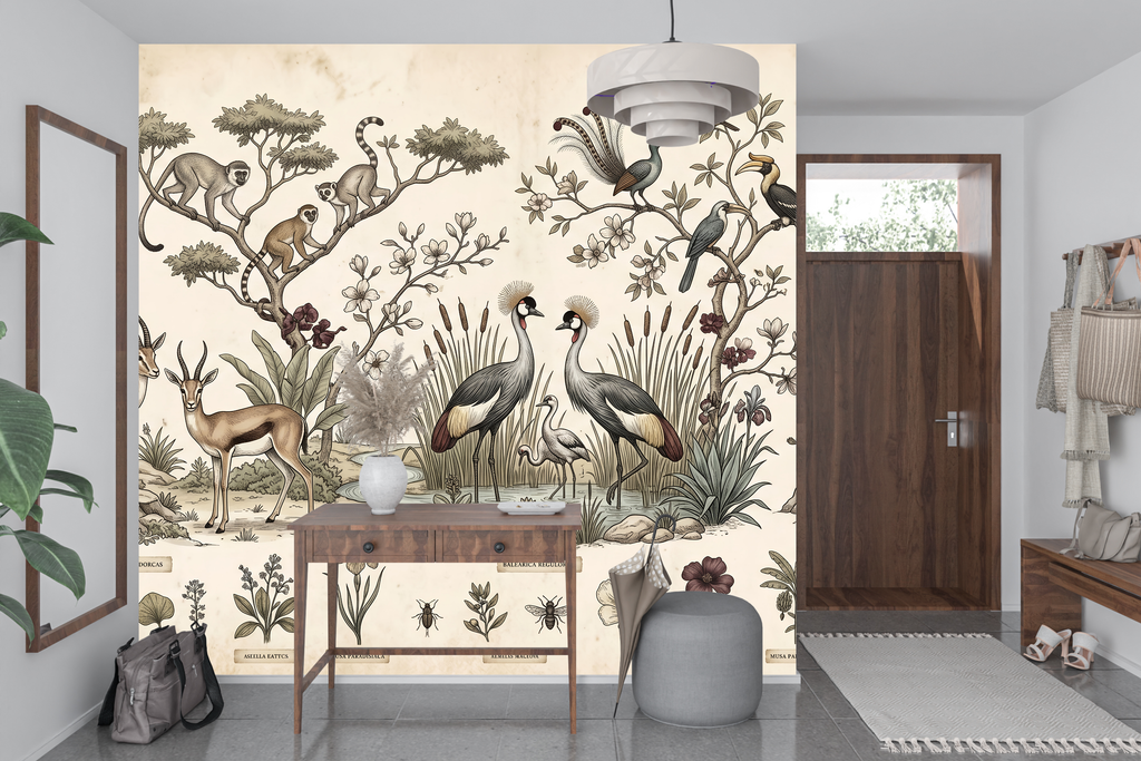 Detailed antique scientific sketch wall mural transforming a worldly home office or entryway