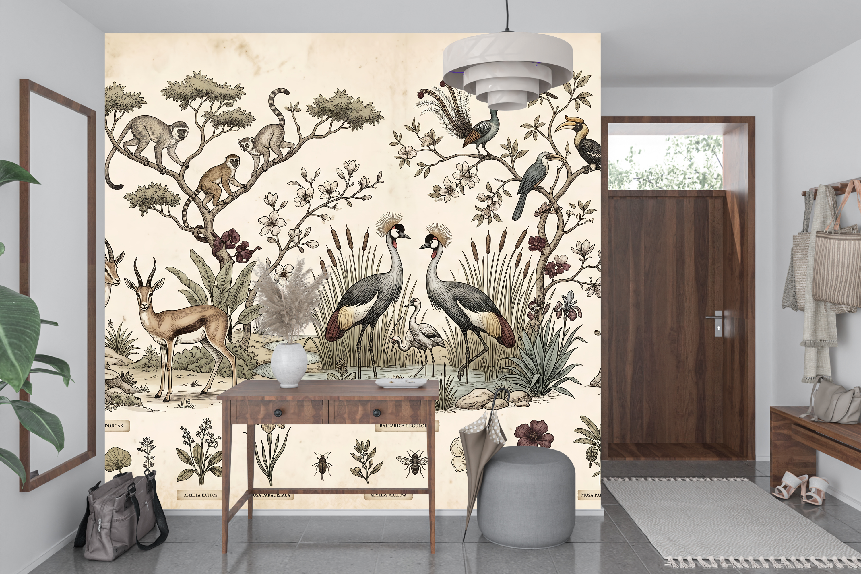 Detailed antique scientific sketch wall mural transforming a worldly home office or entryway