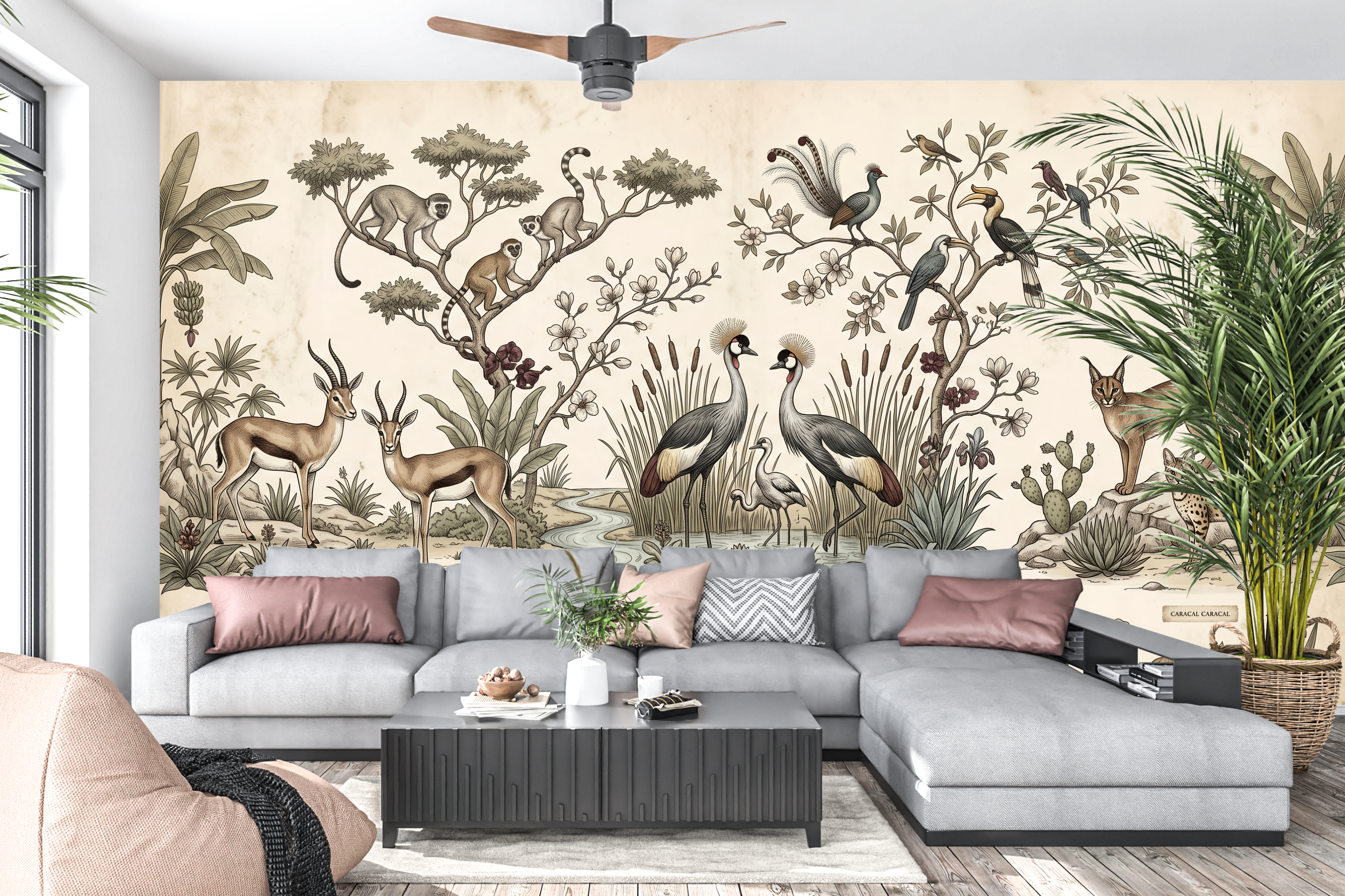 Vintage natural history encyclopedia wallpaper in an elegant study or library