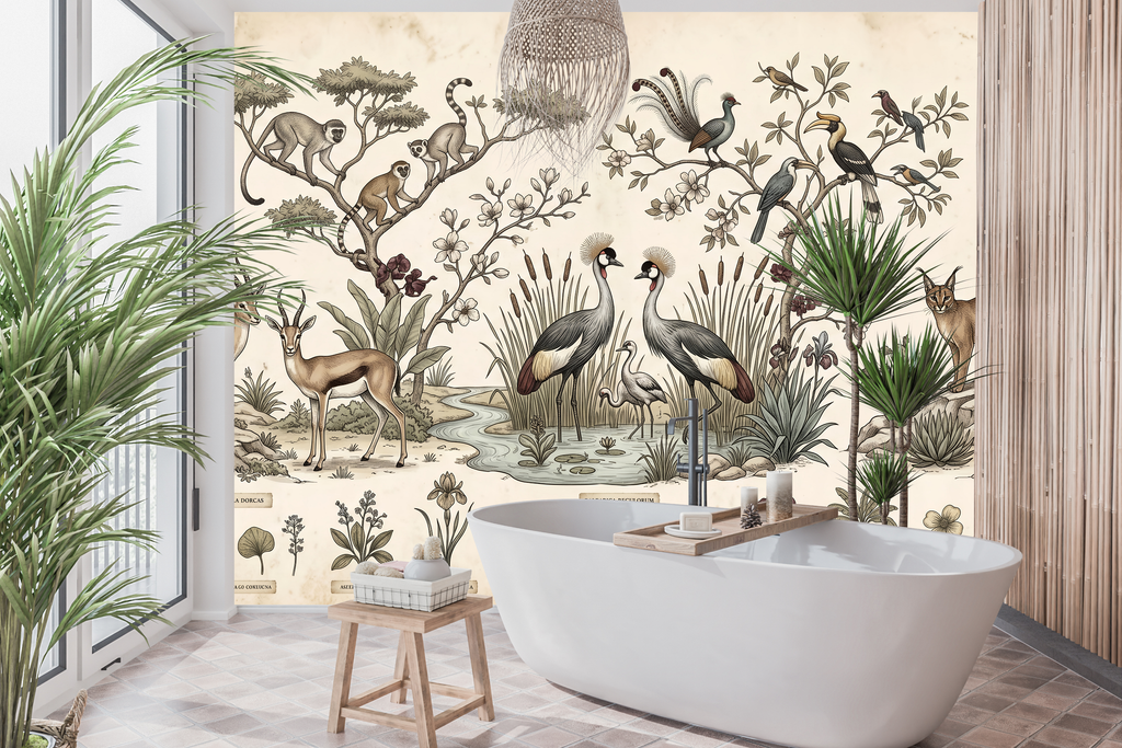 Waterproof vinyl vintage zoological illustration wallpaper applied in an eclectic bathroom