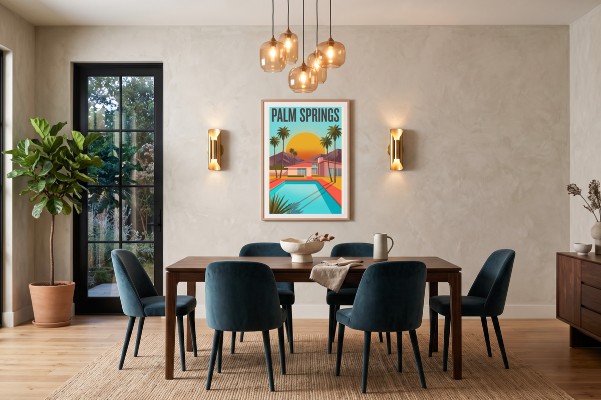 Retro California desert oasis wall decor setting a relaxed vibe in a stylish home entertainment area