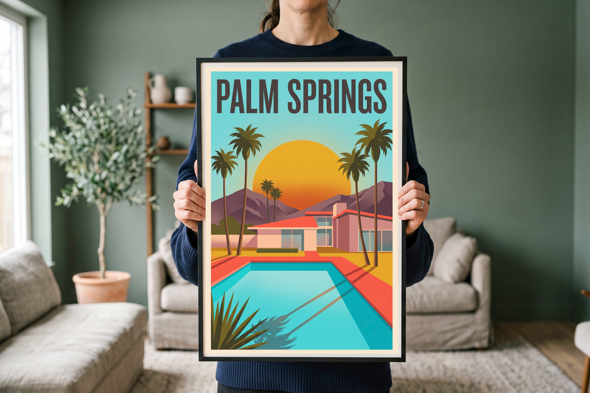 Detail view showing the bold typography, giant golden sun, and flat vector graphic style of the Palm Springs poster