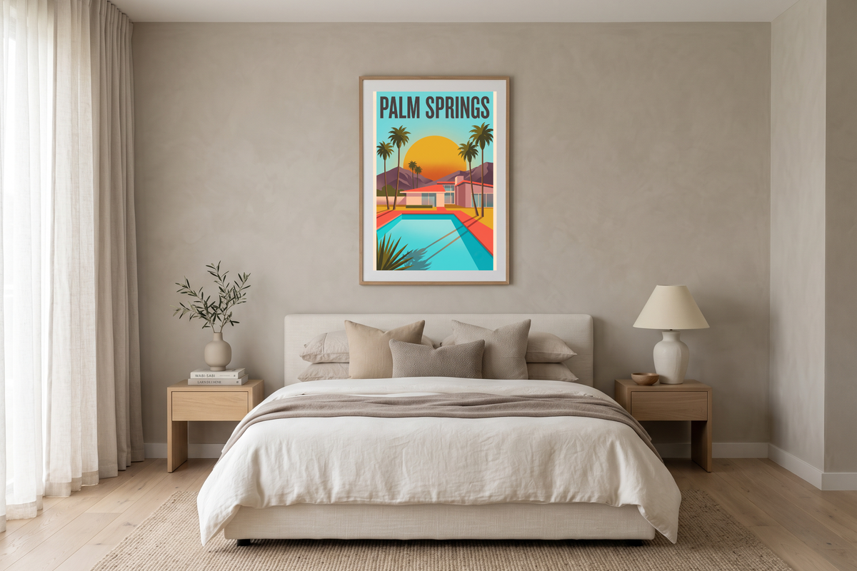 Sunny retro desert landscape artwork adding warmth and color to a stylish retro-inspired bedroom