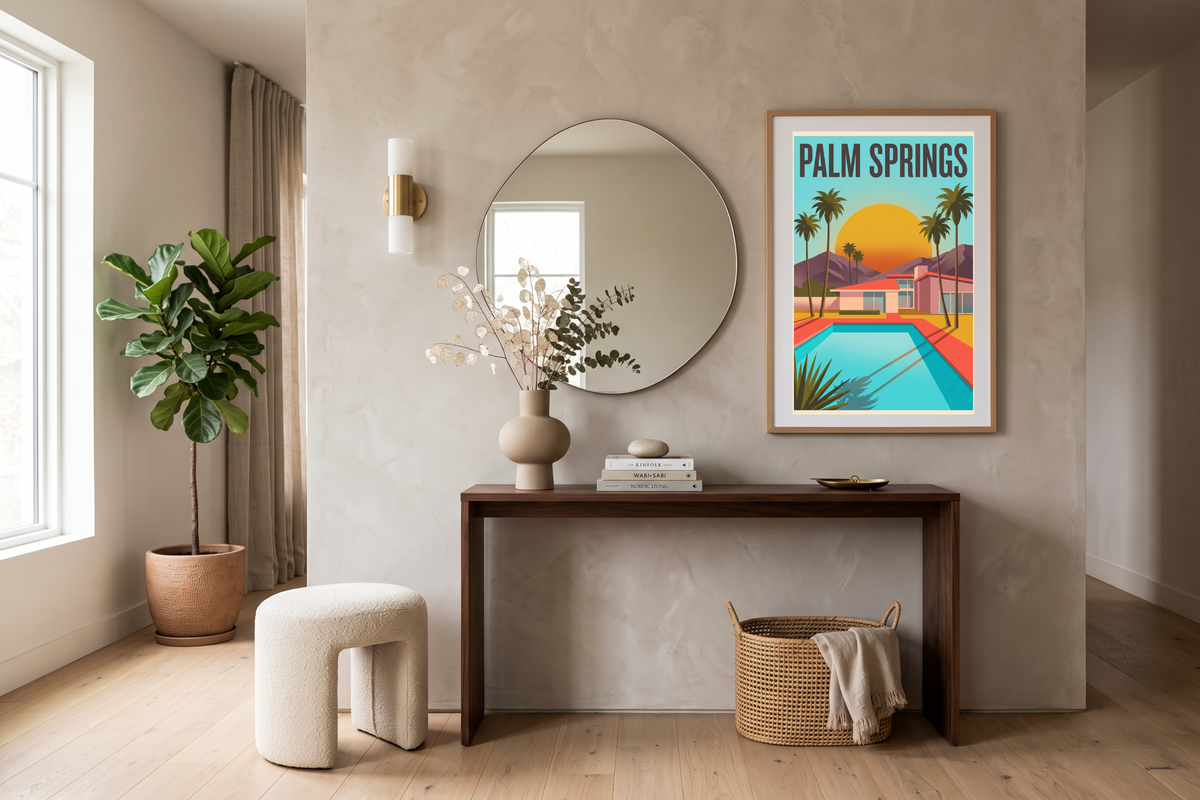 Classic mid-century architecture and pool art inspiring wanderlust above a sleek wooden desk