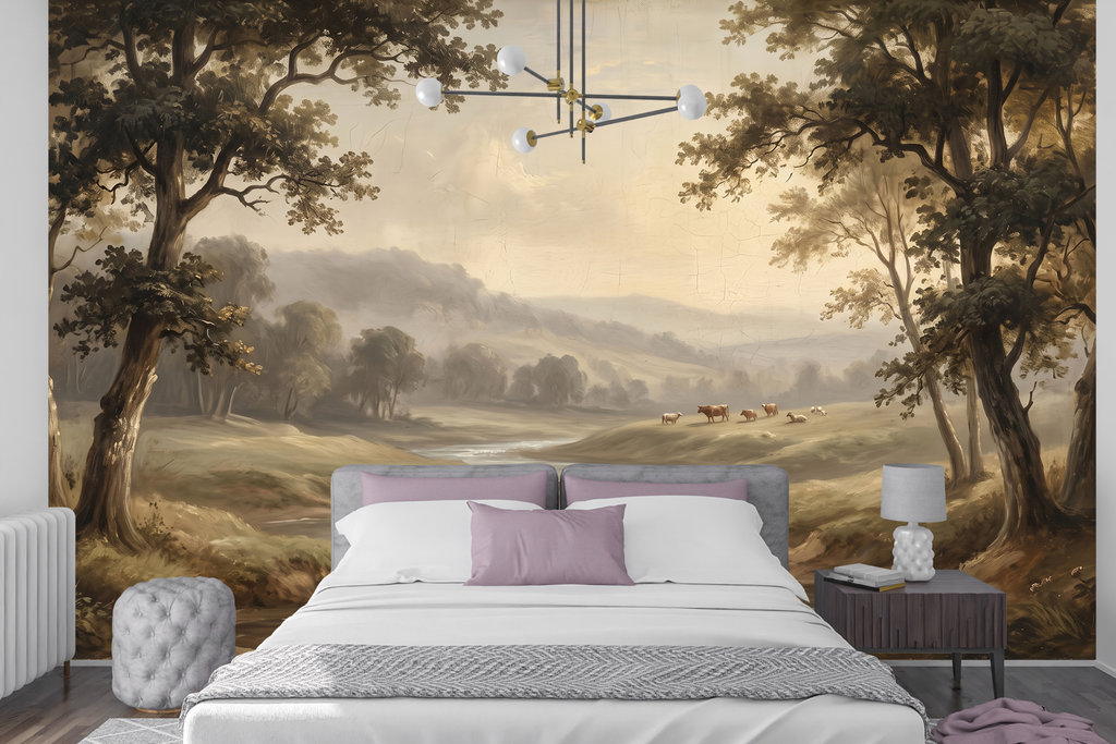 Antique oil painting tree and river peel and stick wallpaper behind a vintage bed