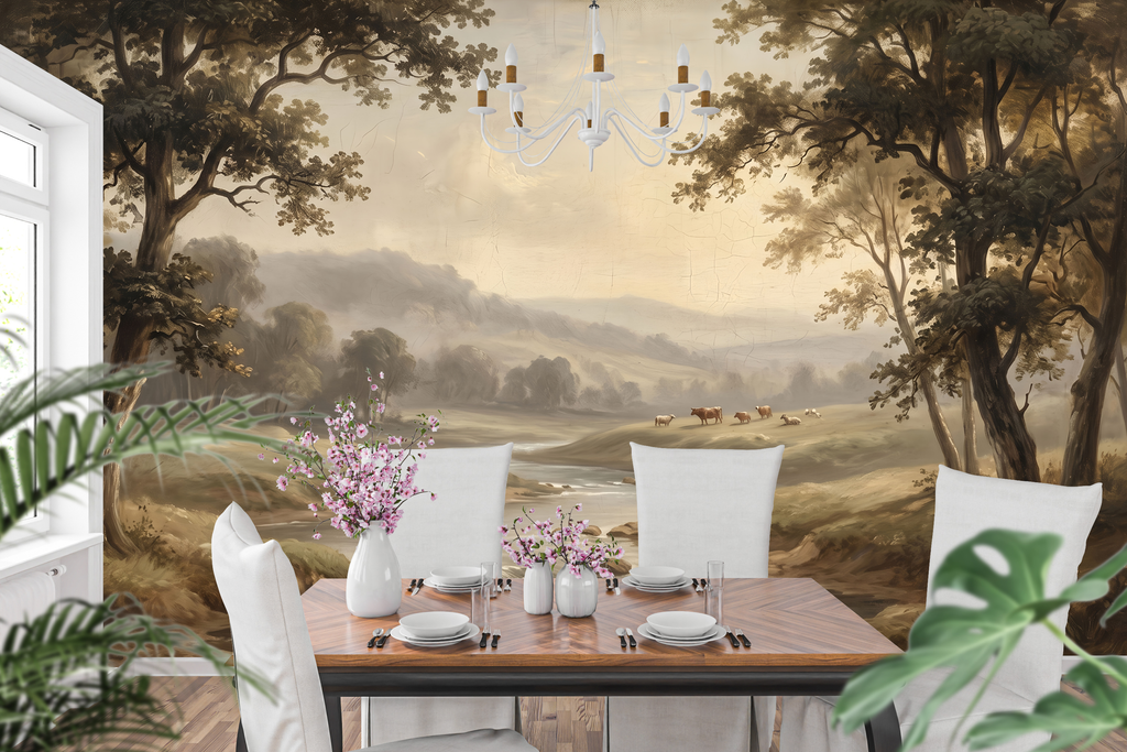 Classic country estate nature wall mural creating a sophisticated dining room accent