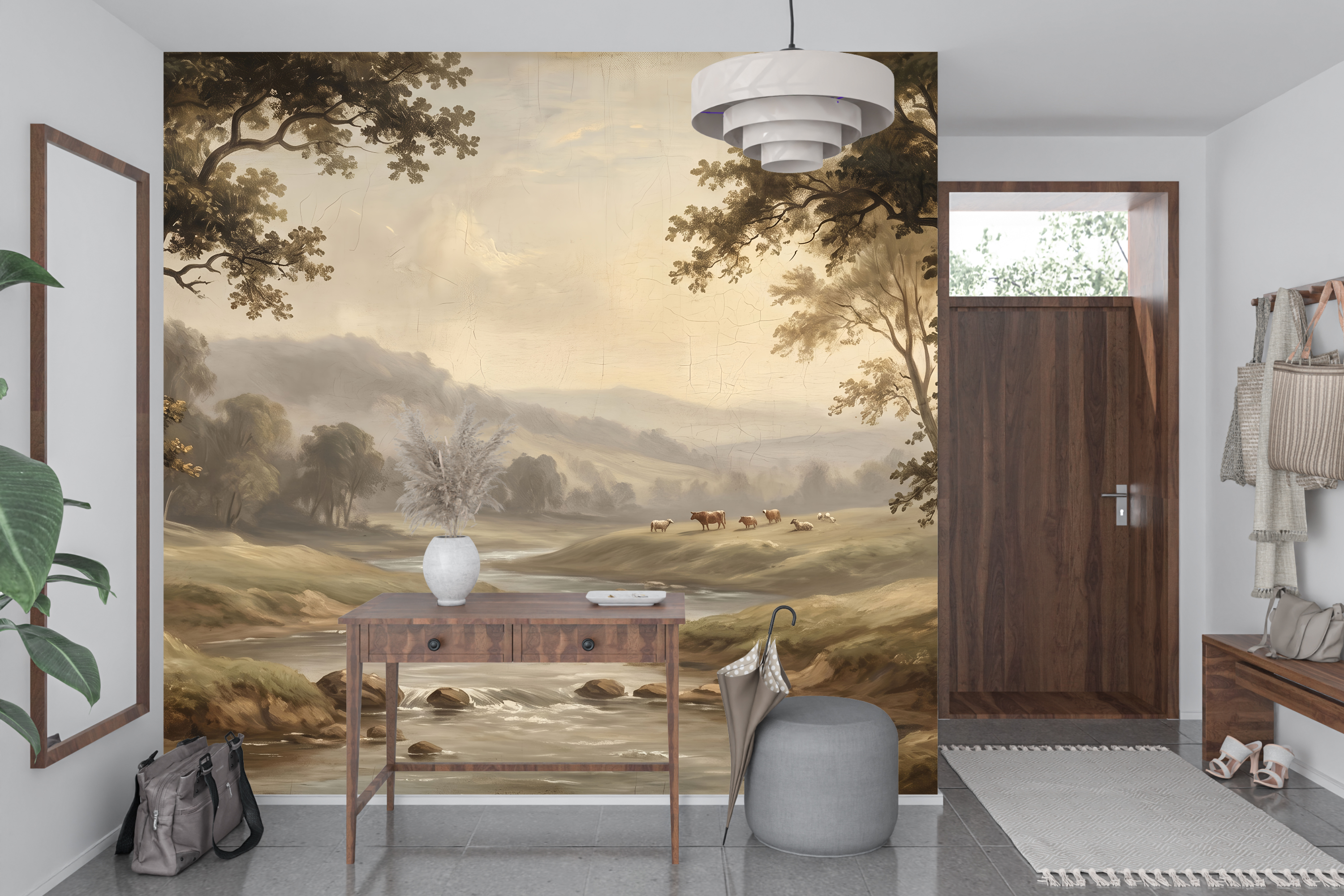 Misty hills and grazing cows romanticism wall mural transforming a cozy study or library