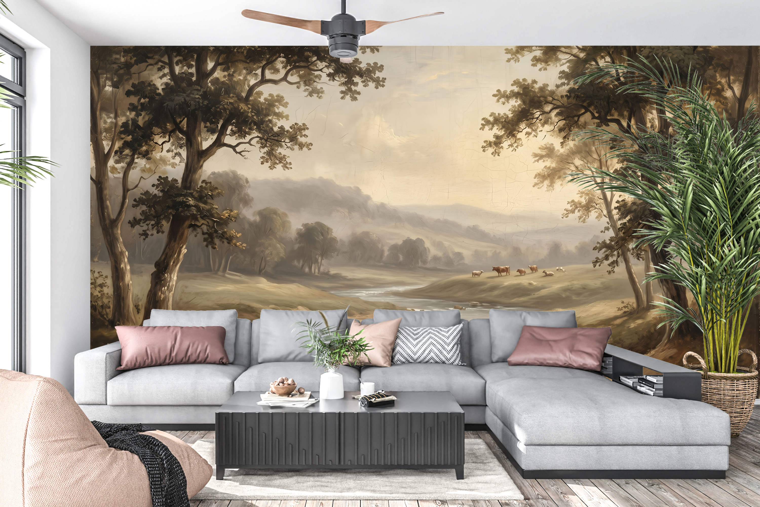 Vintage pastoral river landscape mural in an elegant traditional living room