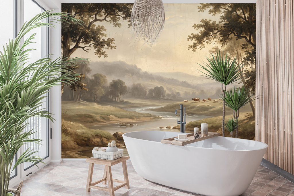 Waterproof vinyl classical landscape wallpaper applied in a rustic bathroom