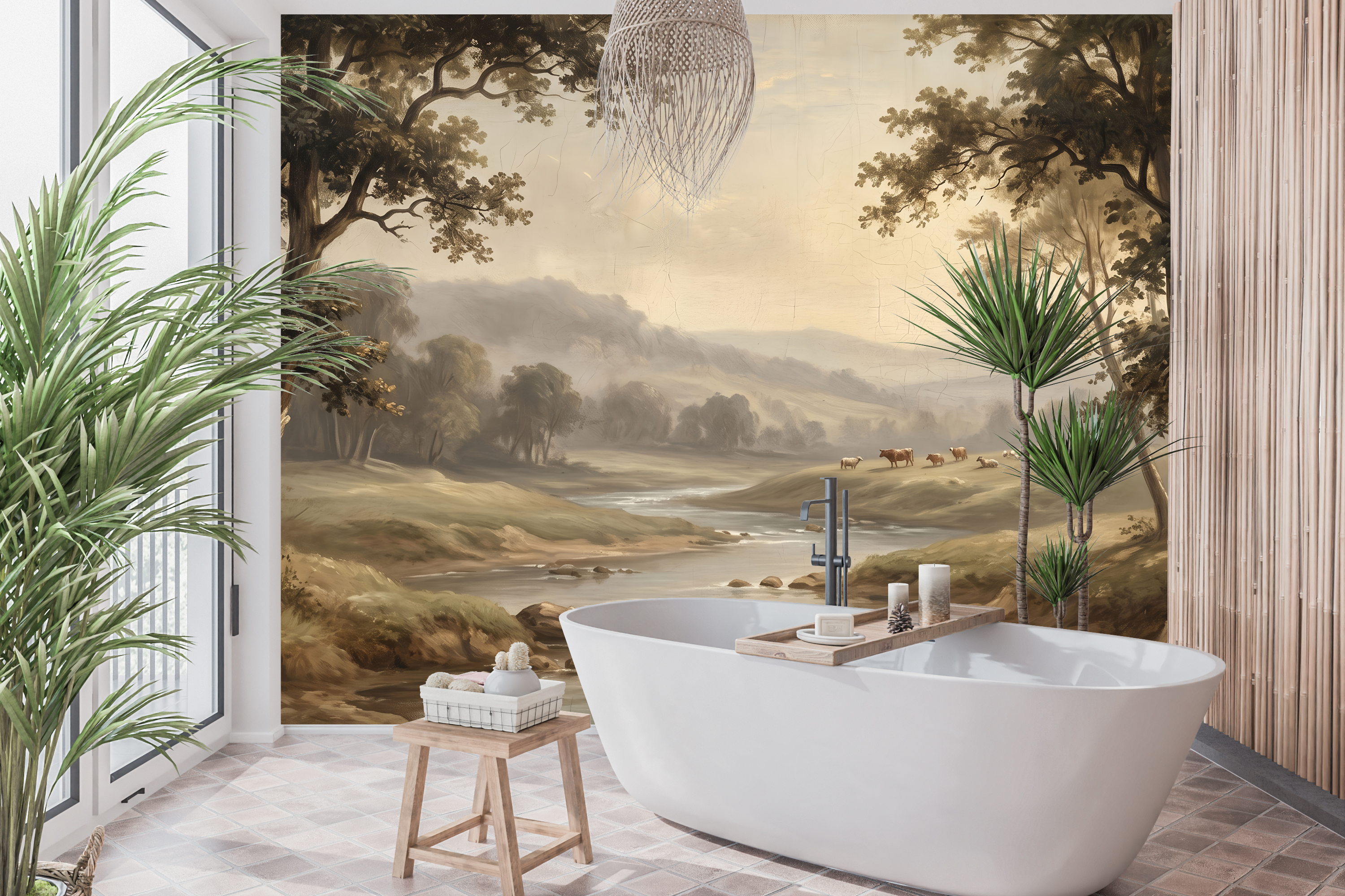 Waterproof vinyl classical landscape wallpaper applied in a rustic bathroom